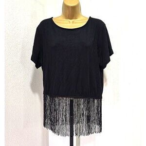 W5 Black Fringe Crop Top Womens Sz XL Boho Punk Rocker Fairy Grunge Whimsigoth